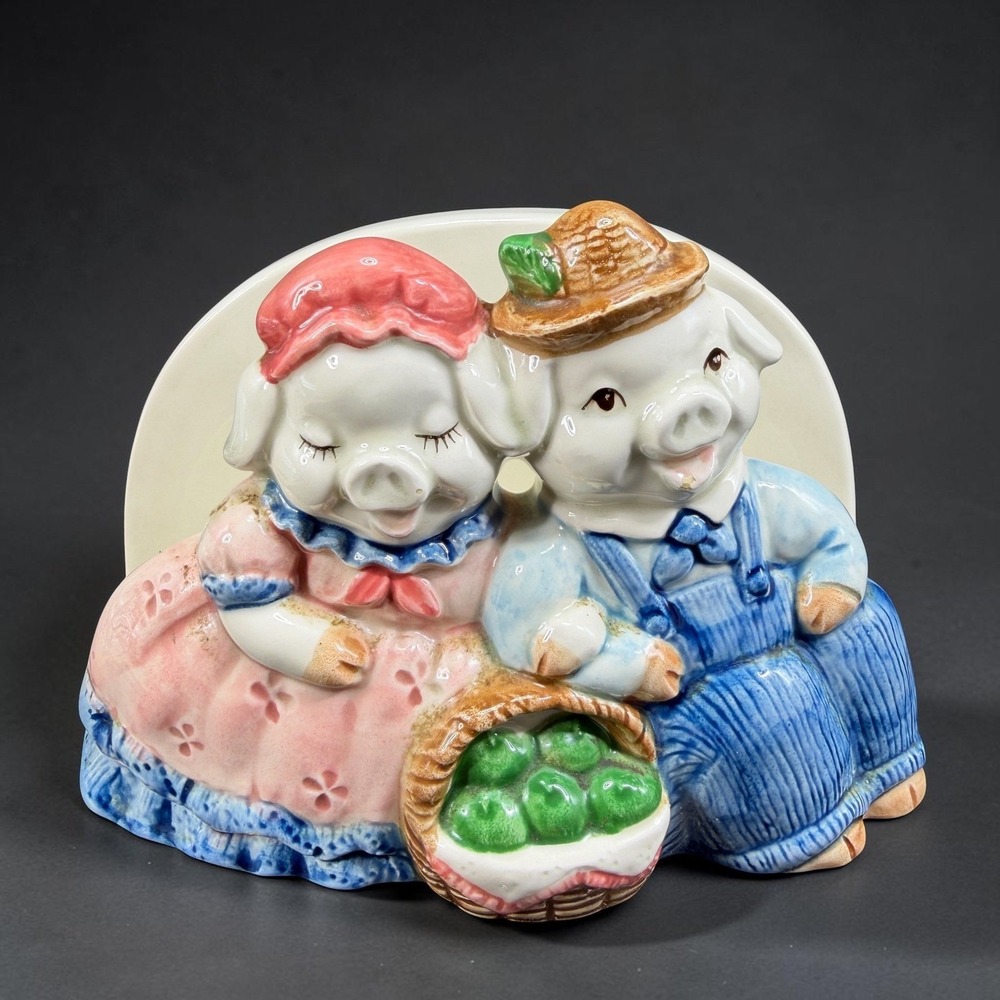 Vintage Otagiri Japan Ceramic Pig Couple Napkin Holder Hand Painted Farmhouse